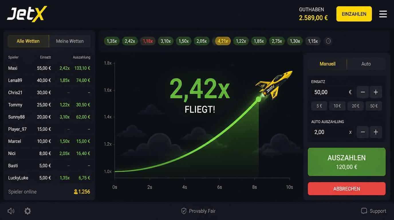 Ein auffälliges Interface mit Flugkurve, Einsatz- und Auszahlungsbuttons